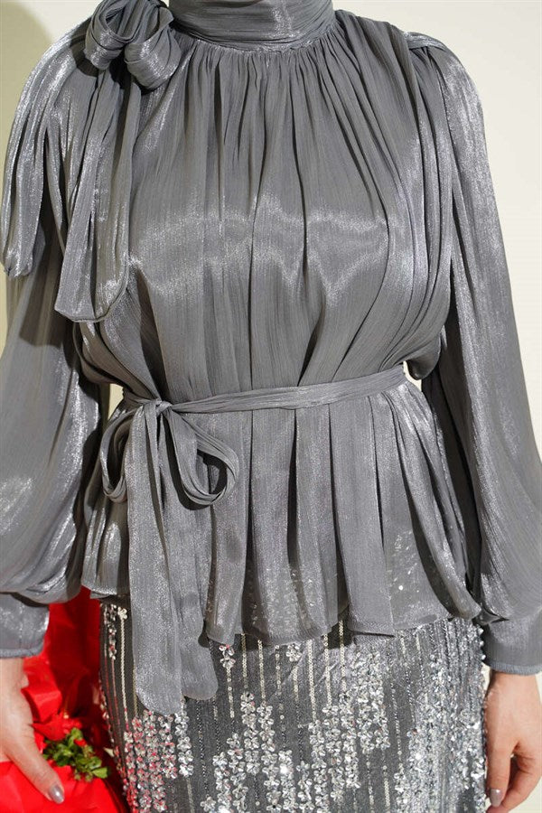 Grey Two-Piece Evening Dress Set with Sequined Skirt