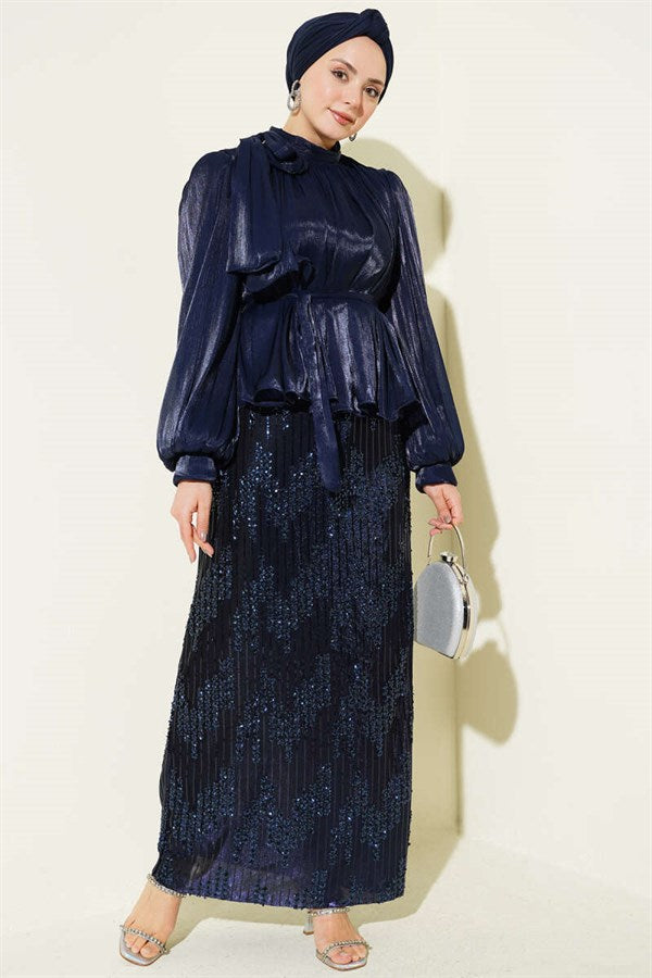 Navy Blue Two-Piece Evening Dress Set with Sequined Skirt