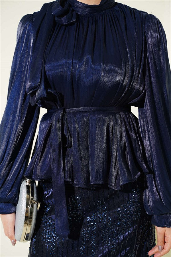 Navy Blue Two-Piece Evening Dress Set with Sequined Skirt
