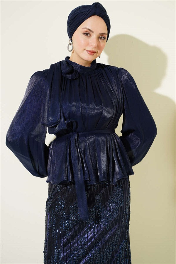 Navy Blue Two-Piece Evening Dress Set with Sequined Skirt