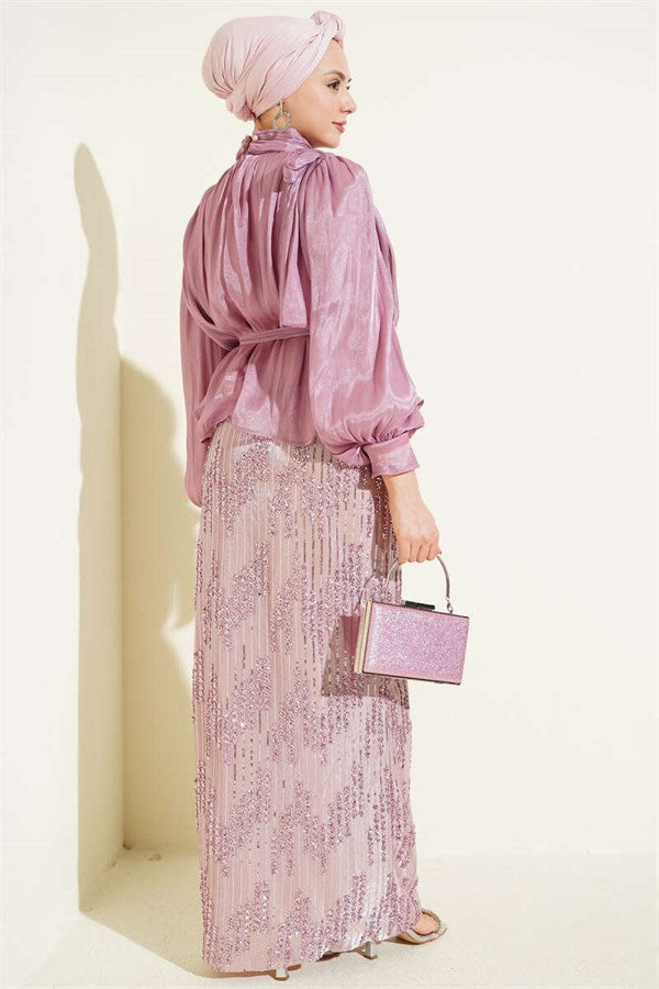 Sequin Embellished Skirt Evening Dress 2 Piece Set in Powder Pink