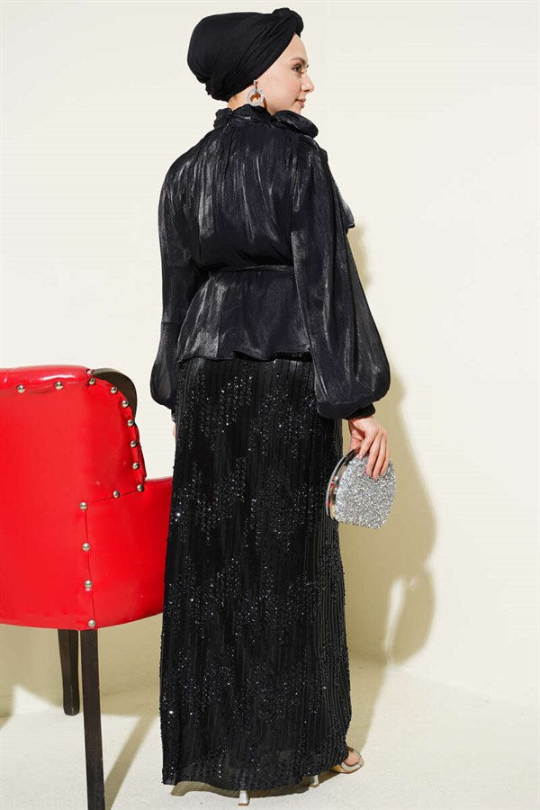 Black Two-Piece Evening Dress Set with Sequined Skirt