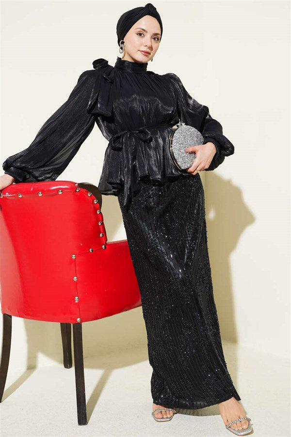 Black Two-Piece Evening Dress Set with Sequined Skirt