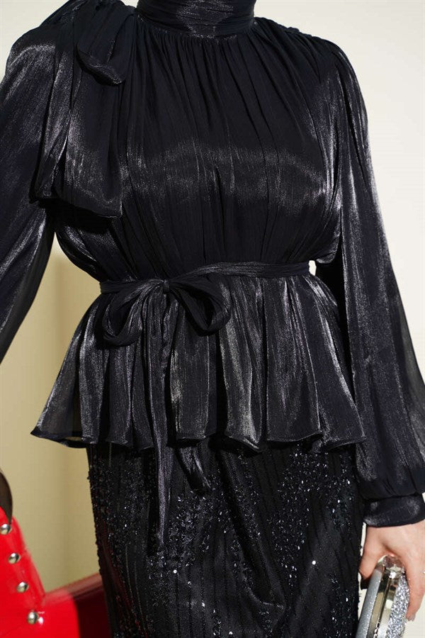 Black Two-Piece Evening Dress Set with Sequined Skirt