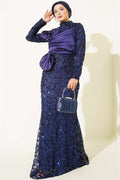 Navy Blue Evening Dress with Sequins and Ribbon Details