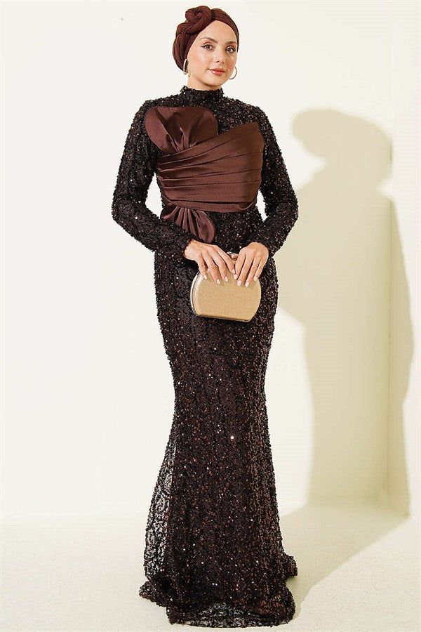 Sequined Ribbon Detail Evening Dress in Brown