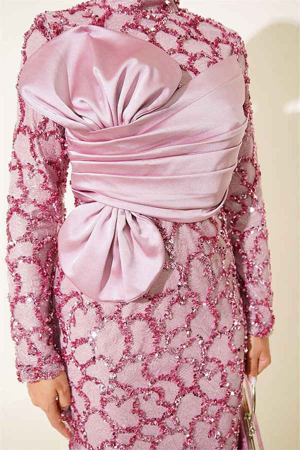Powder Pink Sequin Embellished Ribbon Detail Evening Dress