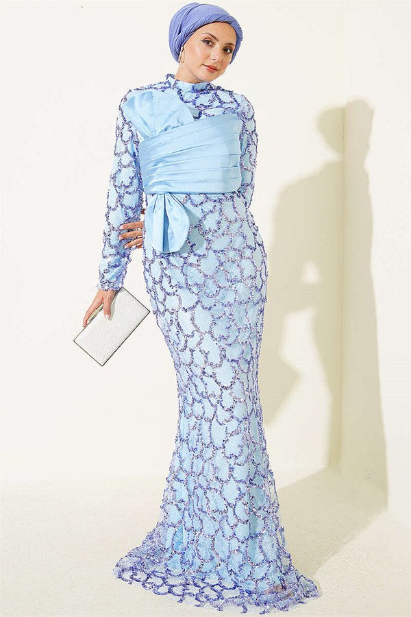 Sequined Ribbon Detail Evening Dress, Blue