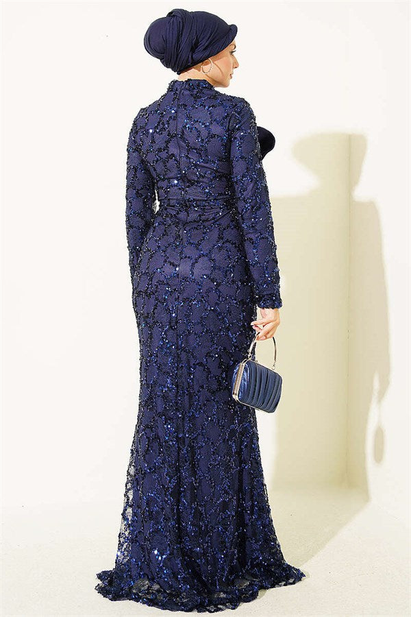 Navy Blue Evening Dress with Sequins and Ribbon Details