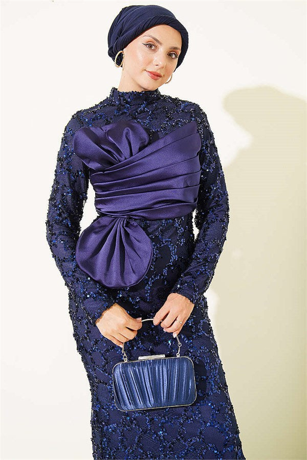 Navy Blue Evening Dress with Sequins and Ribbon Details