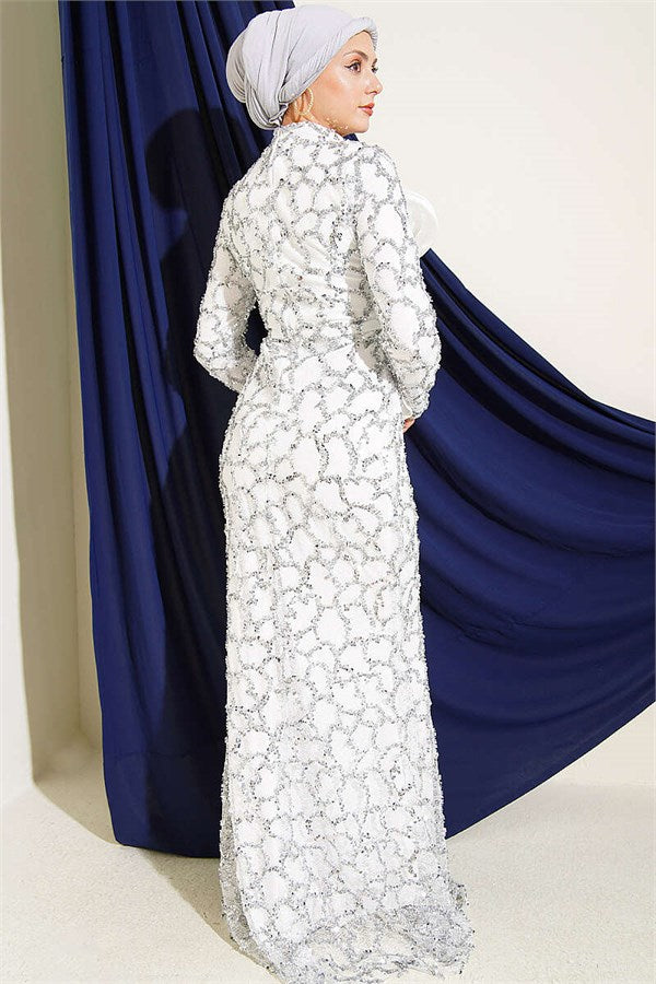 Ecru Evening Dress with Sequins and Ribbon Details