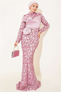 Powder Pink Sequin Embellished Ribbon Detail Evening Dress