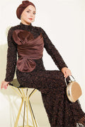 Sequined Ribbon Detail Evening Dress in Brown