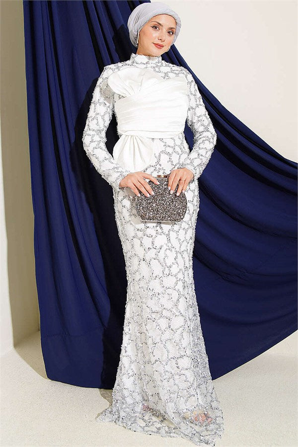 Ecru Evening Dress with Sequins and Ribbon Details