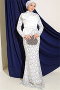 Ecru Evening Dress with Sequins and Ribbon Details