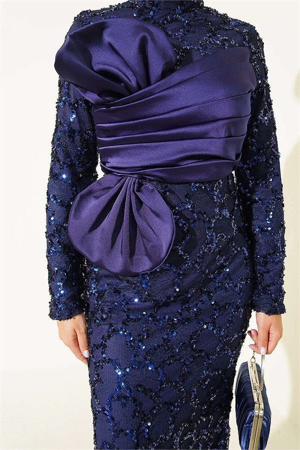 Navy Blue Evening Dress with Sequins and Ribbon Details