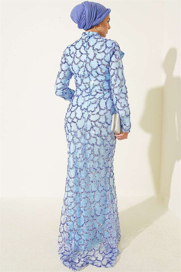 Sequined Ribbon Detail Evening Dress, Blue