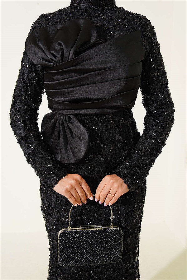Black Evening Dress with Sequins and Ribbon Details