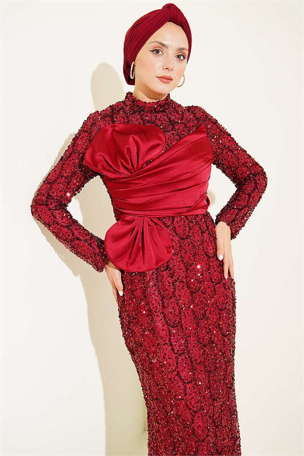 Burgundy Evening Dress with Sequins and Ribbon Details
