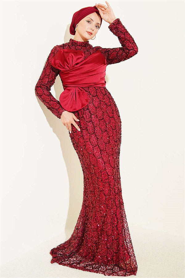 Burgundy Evening Dress with Sequins and Ribbon Details