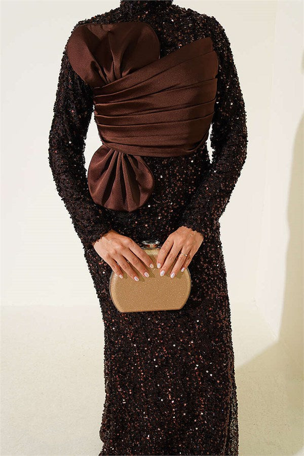 Sequined Ribbon Detail Evening Dress in Brown