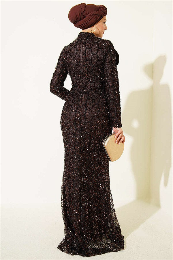 Sequined Ribbon Detail Evening Dress in Brown