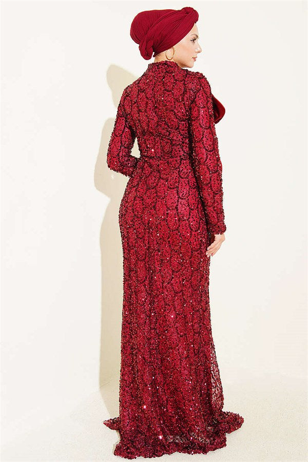 Burgundy Evening Dress with Sequins and Ribbon Details
