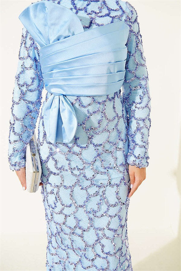 Sequined Ribbon Detail Evening Dress, Blue