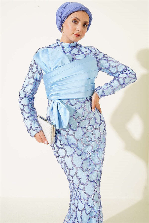 Sequined Ribbon Detail Evening Dress, Blue