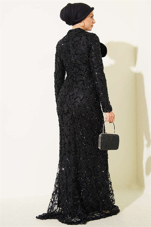 Black Evening Dress with Sequins and Ribbon Details