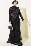 Black Evening Dress with Sequins and Ribbon Details
