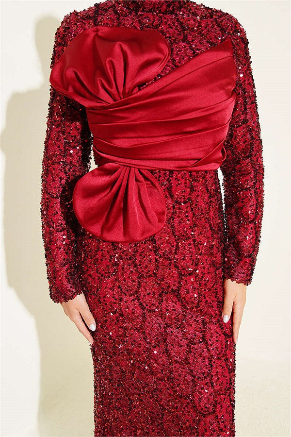 Burgundy Evening Dress with Sequins and Ribbon Details