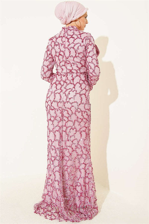Powder Pink Sequin Embellished Ribbon Detail Evening Dress