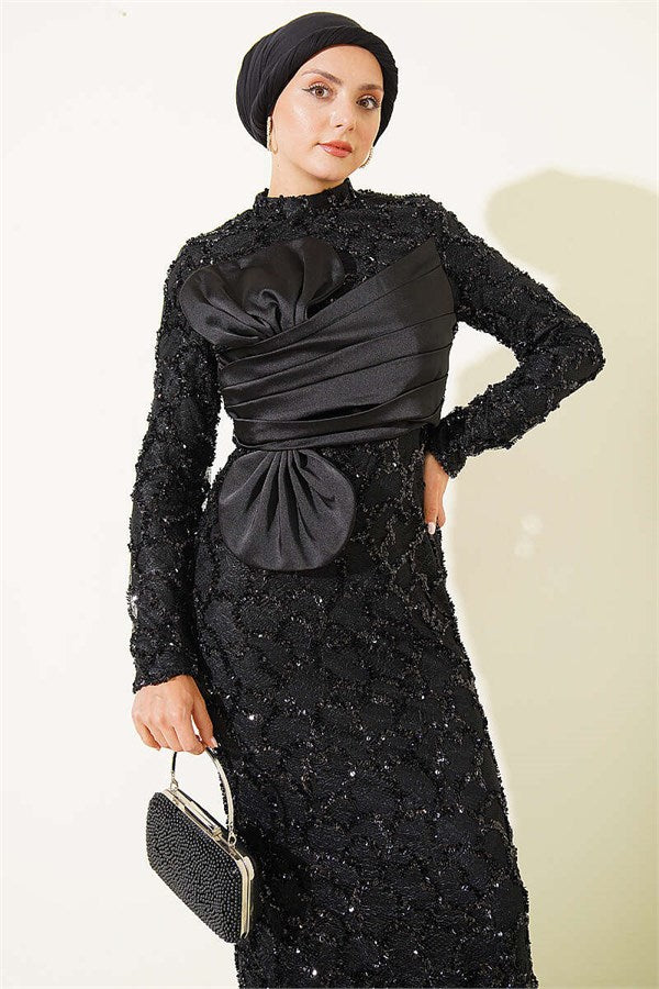 Black Evening Dress with Sequins and Ribbon Details