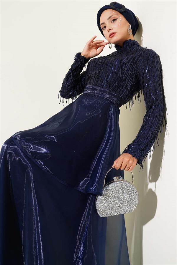 Sequined Tassel Evening Dress Navy Blue