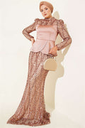 Sequined Satin Corset Detail Evening Dress in Copper