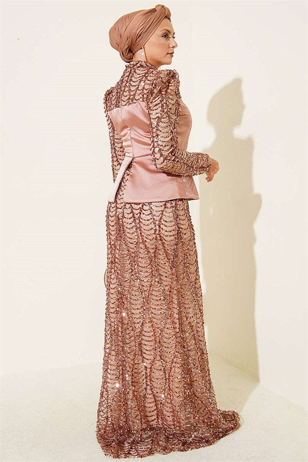 Sequined Satin Corset Detail Evening Dress in Copper