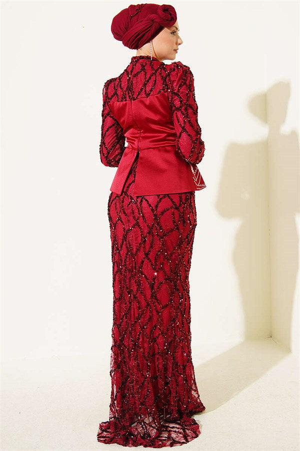 Sequined Satin Corset Detail Evening Dress in Burgundy