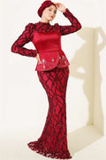 Sequined Satin Corset Detail Evening Dress in Burgundy