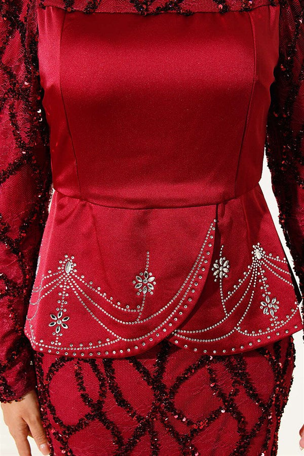 Sequined Satin Corset Detail Evening Dress in Burgundy