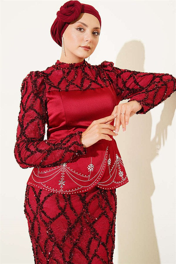 Sequined Satin Corset Detail Evening Dress in Burgundy