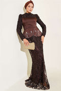 Sequined Satin Corset Detail Evening Dress in Brown