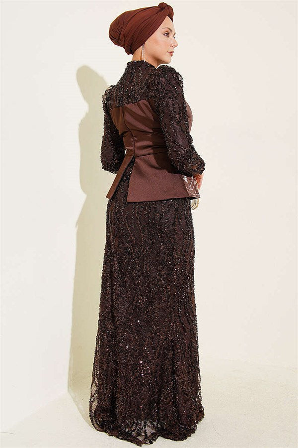 Sequined Satin Corset Detail Evening Dress in Brown