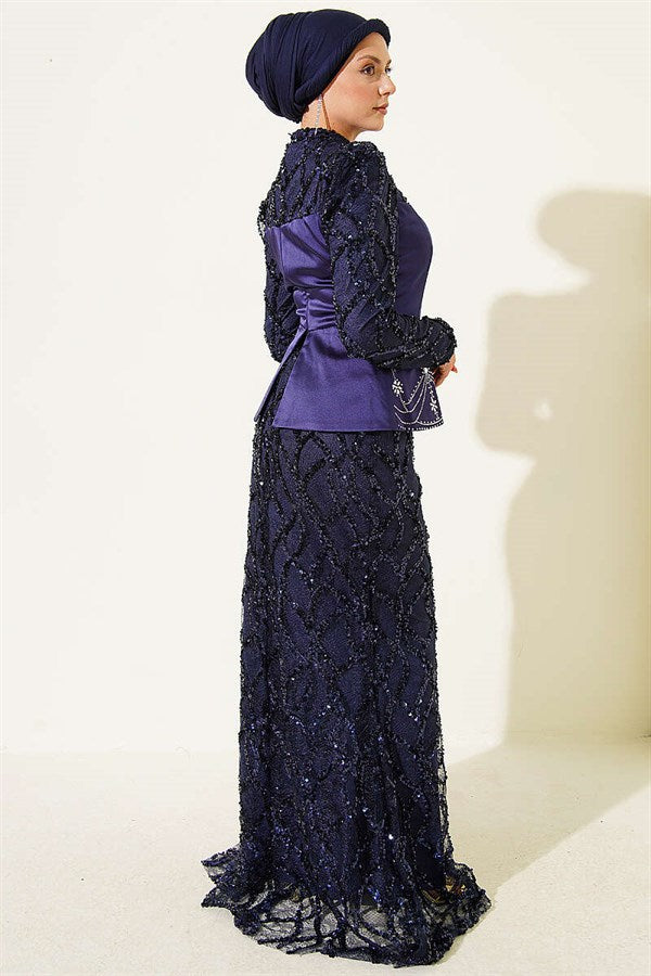 Navy Blue Satin Evening Dress with Sequin Embellished Corset Detail