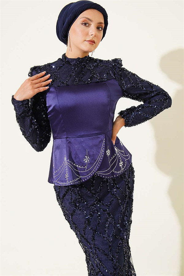 Navy Blue Satin Evening Dress with Sequin Embellished Corset Detail