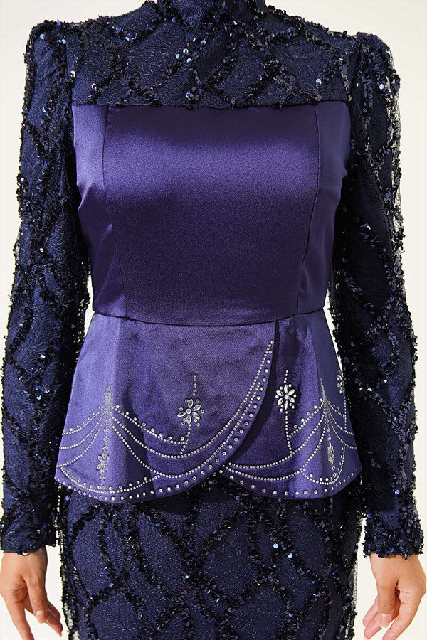 Navy Blue Satin Evening Dress with Sequin Embellished Corset Detail