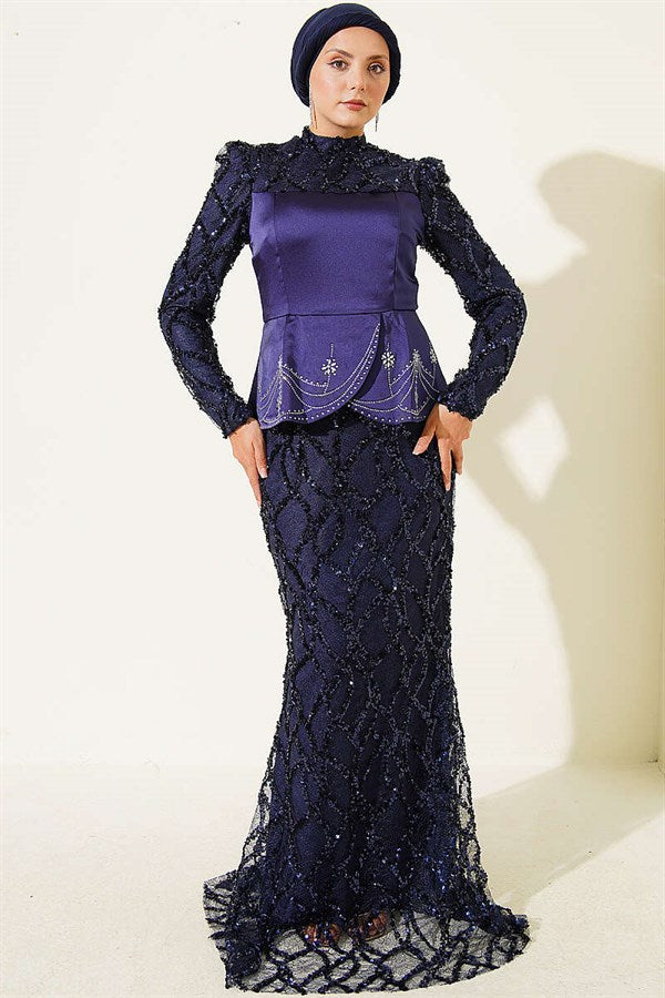 Navy Blue Satin Evening Dress with Sequin Embellished Corset Detail