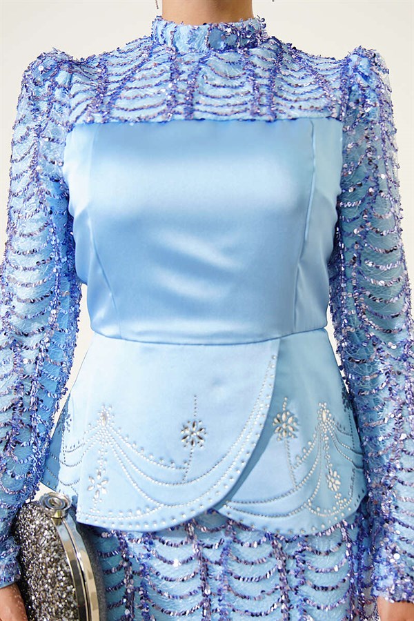 Sequined Satin Corset Detail Evening Dress, Blue