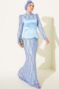 Sequined Satin Corset Detail Evening Dress, Blue