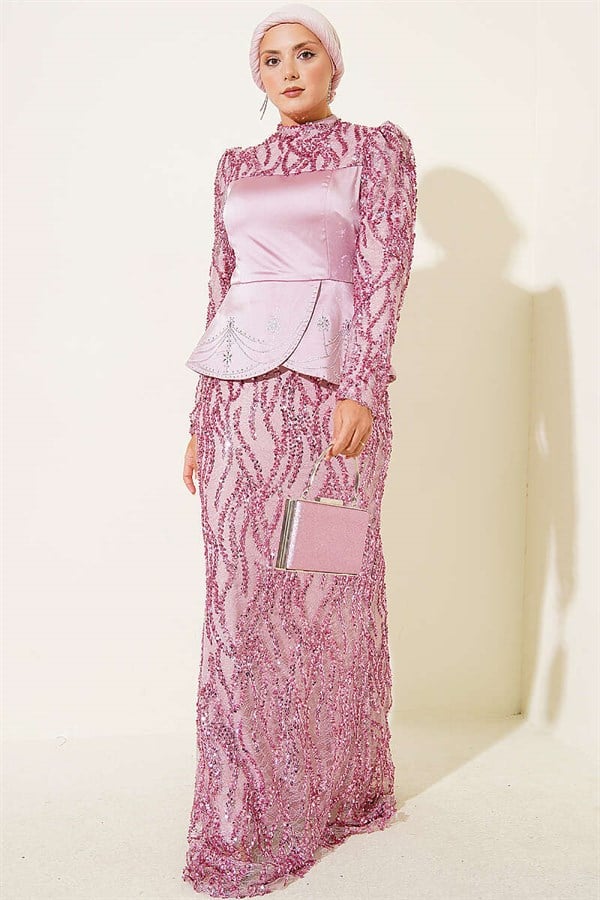 Sequined Satin Corset Detail Evening Dress Powder Pink